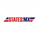 Logo with "STATES MX" in bold red and blue letters on a white background, featuring abstract blue and red shapes on the sides.