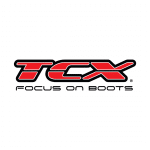 Logo with the letters "TCX" in red and black, accompanied by the words "focus on boots" in black text below.