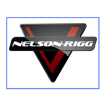 Logo of Nelson-Rigg featuring a black and red triangle with the brand name in white, bold letters across a gray strip.