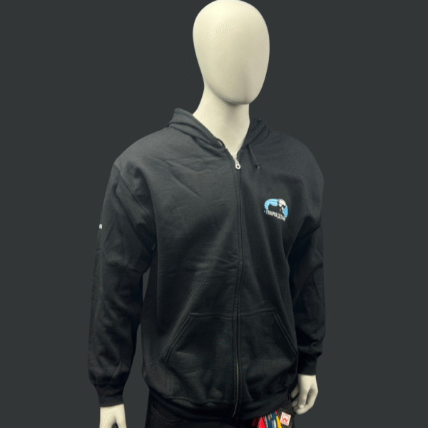 A mannequin wearing the TROOPER LU HOODIE - YOUTH, a black zip-up hoodie with front pockets and a small blue and white graphic logo on the left chest.