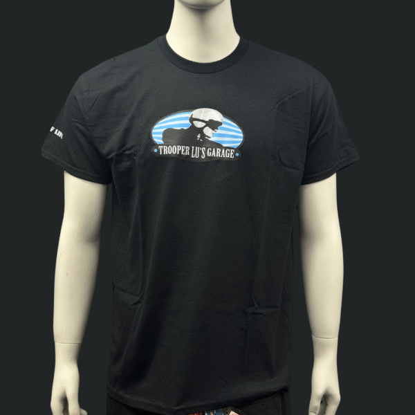 The TROOPER LU T-SHIRT - MEN'S is displayed on a mannequin, featuring a skull in sunglasses and helmet with "Trooper Lu's Garage" printed across the chest.