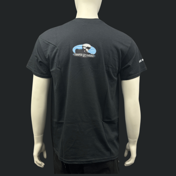A mannequin wears the TROOPER LU T-SHIRT - MEN'S in black, featuring a small illustrated logo and "TROPHY LIU'S GARAGE" text on the upper back.