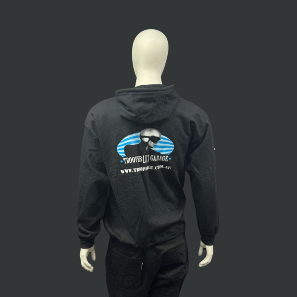 A mannequin models the TROOPER LU'S GARAGE HOODIE - ADULTS, a black hoodie with the "Troopertuff Garage" logo and website on the back, displayed against a plain dark background.