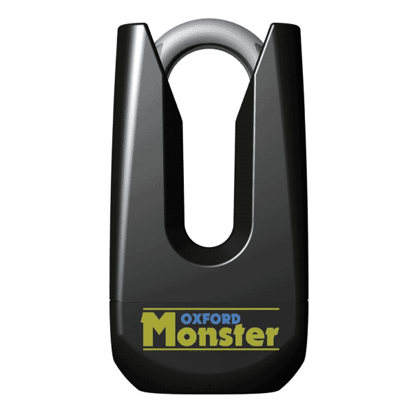 The "OXFORD MONSTER DISC LOCK YELLOW" is a black lock with a U-shape design, prominently labeled in vibrant blue and yellow.