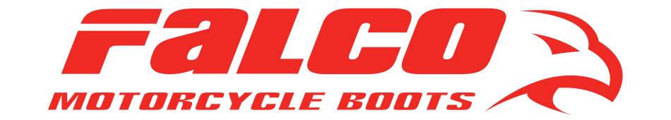 Falco Motorcycle Boots logo in bold red text with a stylized eagle head on the right.
