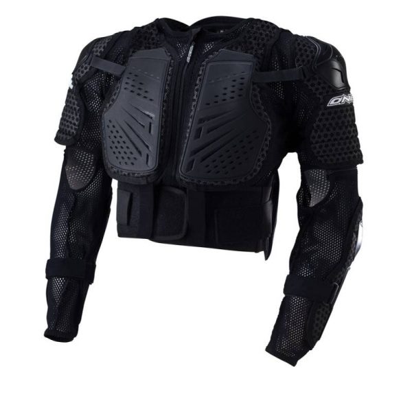 The ONEAL UNDERDOG II BODY ARMOUR YOUTH is a black protective motorcycle jacket with reinforced chest, shoulder, and arm padding, featuring breathable mesh fabric and adjustable straps for a customized fit.