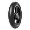 Motorcycle tire standing upright on a white background, featuring a tread pattern with angled grooves and a five-spoke black alloy wheel.