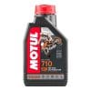 A 1-liter bottle of MOTUL 710 2T 2-Stroke Motor Oil showcases a red cap and a motocross rider image on its label, emphasizing pre-mix and oil injection features.