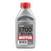 A sleek gray 500 ml bottle of MOTUL Racing Brake Fluid RBF700, adorned with a vivid red cap and DOT 4 label.