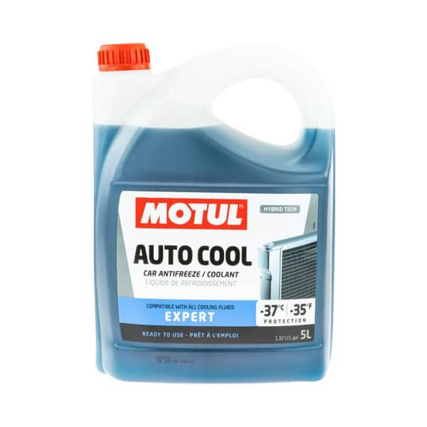 A 5-liter container of MOTUL AUTO COOL EXPERT, pre-mixed car antifreeze/coolant, is compatible with all cooling fluids and protects down to -37°C.