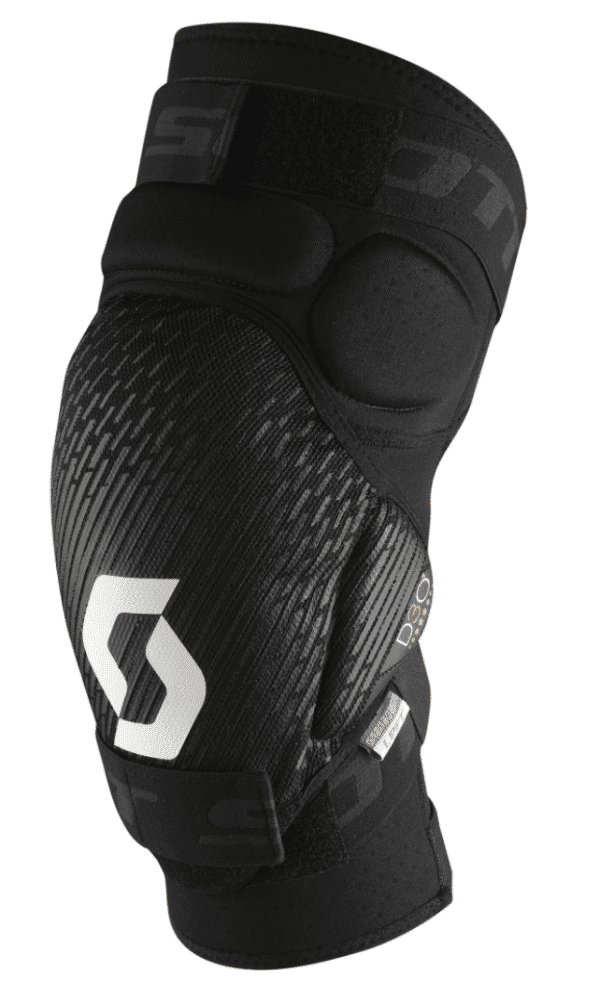 A black knee pad with a textured design and a prominent white logo on the front.