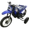Blue SPRINGERS YAMAHA PW50 dirt bike with adjustable axle training wheels, off-road tires, and frame decals, isolated on white.