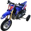 The SPRINGERS YAMAHA TTR50 features adjustable axle training wheels and comes in a blue and red design with the number 1 on front and side panels.
