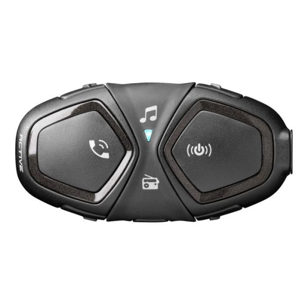 The INTERPHONE ACTIVE BLUETOOTH HEADSET features a sleek black design with buttons displaying phone, music note, and power symbols, plus a central charge indicator light.