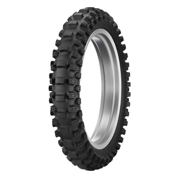The Dunlop Geomax Mini MX33 Rear Tyre, size 80/100-12, features a knobby black tread with a silver inner rim and is displayed upright against a white background.