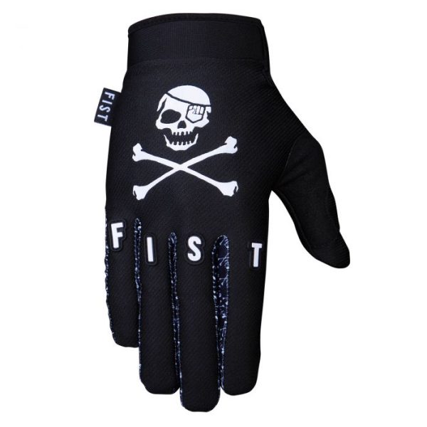 Black Fist Rodger Gloves featuring a white skull and crossbones design with "FIST" printed on the fingers.