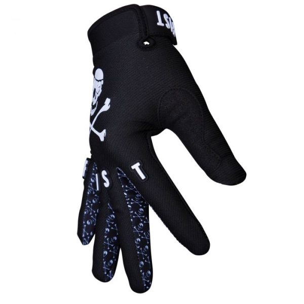 The Fist Rodger Gloves feature a black design with a Velcro strap, adorned with a skull and crossbones. The fingers display white lettering with small skull patterns underneath.