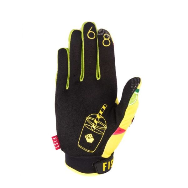 The FIST Caroline Buchanan Smoothie Gloves are sleek black and yellow, featuring "68" on the fingers, a dynamic slush cup graphic, and the "FIST" label on the wrist.