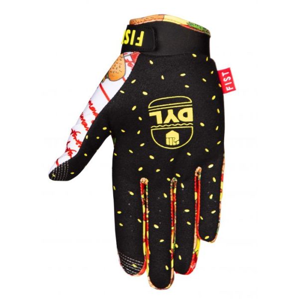 Black and multicolored youth gloves featuring a burger graphic and text design, named "Fist Dylan Long Burgers.