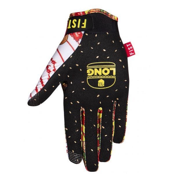 Fist Dylan Long Burgers Youth Gloves: Colorful gloves with a baseball seam pattern on thumb and index finger, black palm area featuring "LONG" logo, Velcro strap labeled "FIST," and speckled design elsewhere.