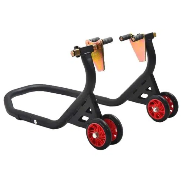 The LA CORSA FRONT ROAD BIKE STAND FLAT PACK features a sleek black metal frame with eye-catching red wheels, dual support arms, and adjustable attachments for enhanced stability.