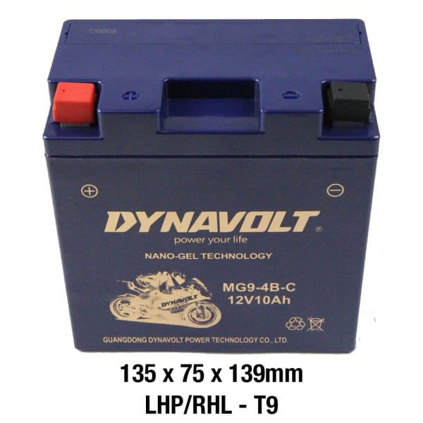 The DYNAVOLT NANO GEL BATTERY MG9-4B-C features AGM technology with 12V and 9Ah, measuring 135 x 75 x 139 mm, and showcases a striking motorcycle graphic on the blue label.