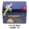 The DYNAVOLT NANO GEL BATTERY MG4HL-BS-C AGM 12V 4.5AH features red and black terminals, a yellow inspection seal, and displays dimensions and technical details on the blue casing.