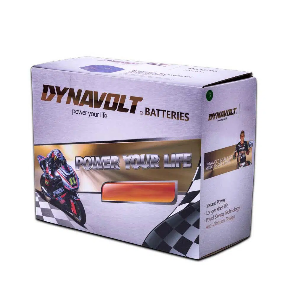 Box of Dynavolt batteries featuring a motorcycle graphic, with the slogan “Power Your Life.”.