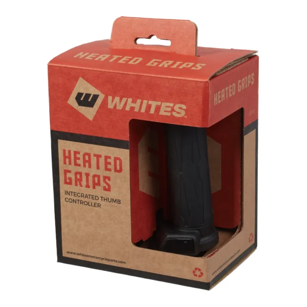 A brown and red box labeled "WHITES POWERSPORTS HEATED GRIPS- ROAD 120MM 7/8"" displays heated grips with an integrated thumb controller, partially showing black handlebar grips inside the packaging.
