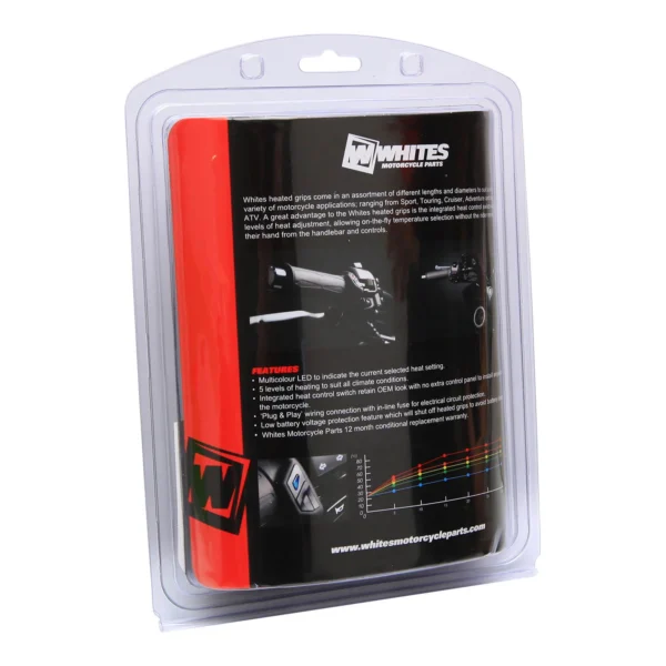 The WHITES POWERSPORTS HEATED GRIPS- ROAD 120MM 7/8" come in a blister pack showing product details, features, company logo, website, and accessory images on the back.