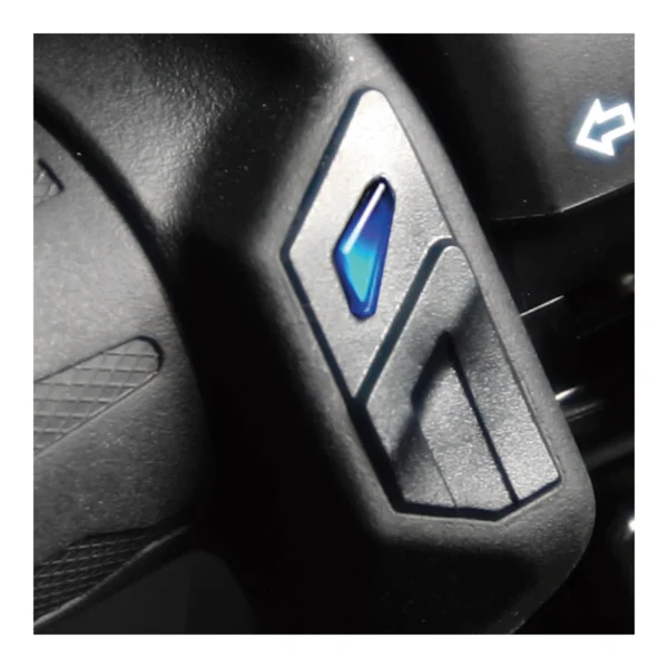 Close-up of a black control button with a blue indicator light next to a directional arrow symbol—used for activating WHITES POWERSPORTS HEATED GRIPS-ROAD 120MM 7/8".