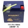 The DYNAVOLT NANO GEL BATTERY MG5L-BS-C AGM, in blue, includes yellow tape and red/black terminals. It's a 12V 5Ah battery measuring 114 x 70 x 105mm.