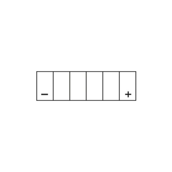 A neutral face with five vertical rectangles, a minus on the left, and a plus on the right, reminiscent of DYNAVOLT NANO GEL BATTERY MG14L-A2-C's balanced energy.