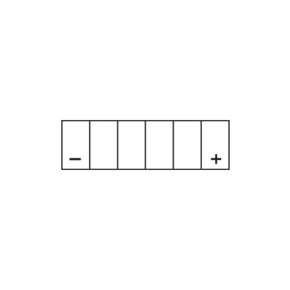 A neutral face with five vertical rectangles, a minus on the left, and a plus on the right, reminiscent of DYNAVOLT NANO GEL BATTERY MG14L-A2-C's balanced energy.