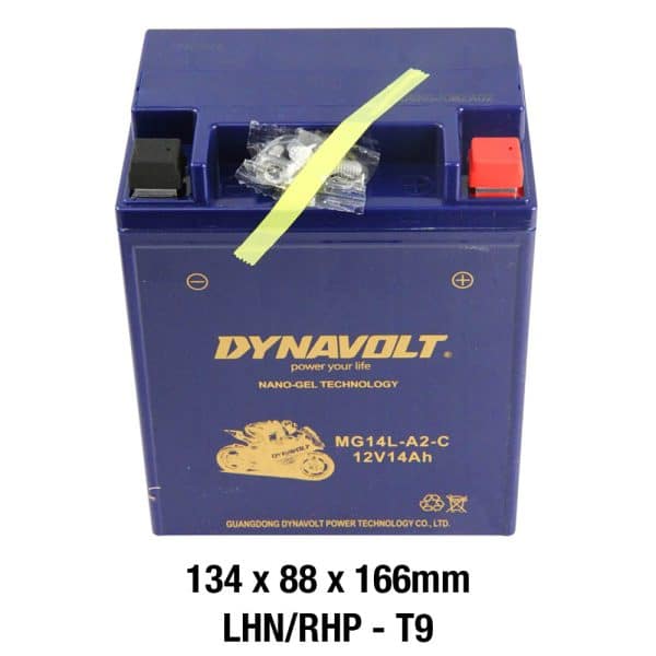 The DYNAVOLT NANO GEL BATTERY MG14L-A2-C, AGM, 12V 14AH is a sleek blue battery with cutting-edge Nano-Gel technology. It measures 134 x 88 x 166mm and includes convenient red and black top terminals for easy installation.