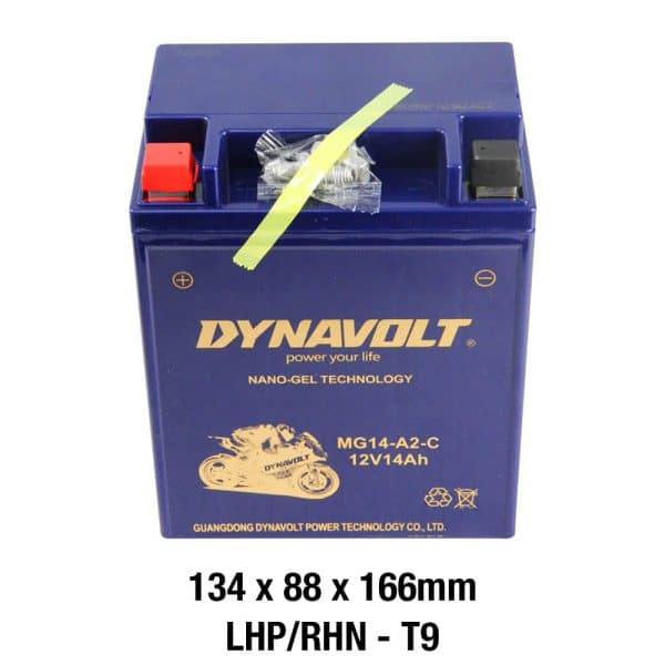 The DYNAVOLT NANO GEL BATTERY MG14-A2-C, AGM, 12V 14AH, features a sleek motorcycle graphic and measures 134 x 88 x 166mm.