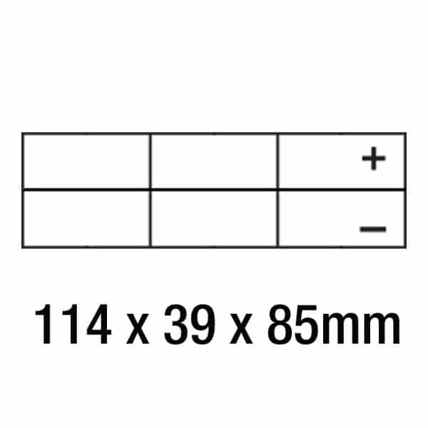 Diagram of a DYNAVOLT NANO GEL BATTERY MG4B-BS, AGM FA, 12V 2.3AH showing positive (+) and negative (-) terminals with dimensions of 114 x 39 x 85 mm.