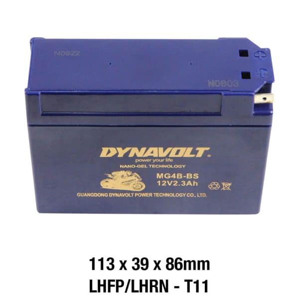 The DYNAVOLT NANO GEL BATTERY MG4B-BS, AGM FA, provides a 12V 2.3Ah output with "NANO-GEL TECHNOLOGY." Dimensions: 113 x 39 x 86mm.