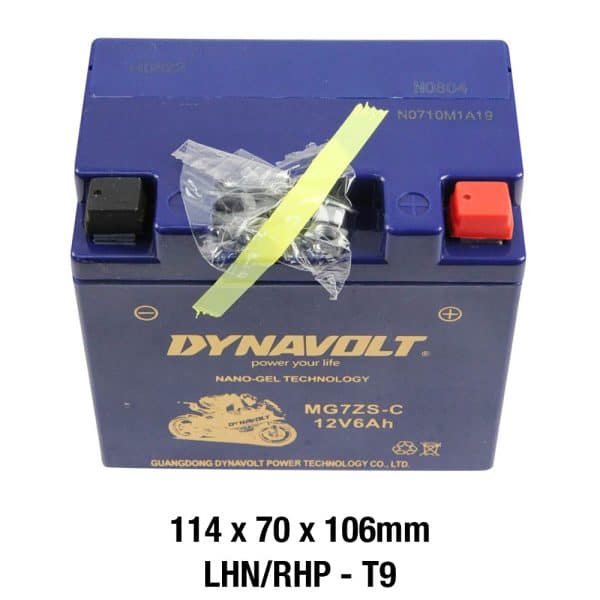 The DYNAVOLT NANO GEL BATTERY MG7ZS-C, AGM, 12V 6AH features taped screws on top and has compact dimensions of 114 x 70 x 106 mm, making it ideal for efficient performance.