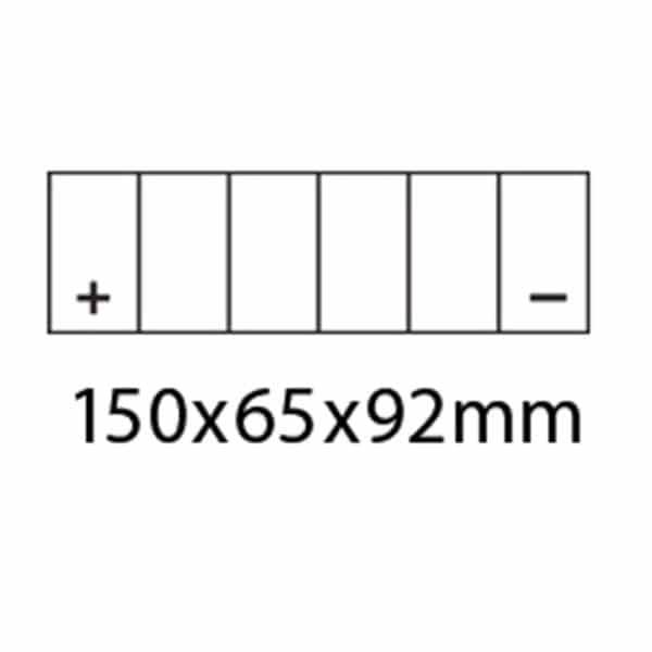 Diagram of a DYNAVOLT NANO GEL BATTERY MG7B-4-C, AGM FA, 12V 6AH with five cells; positive on the left and negative on the right. Compact dimensions are 150x65x92mm, ensuring a powerful design.