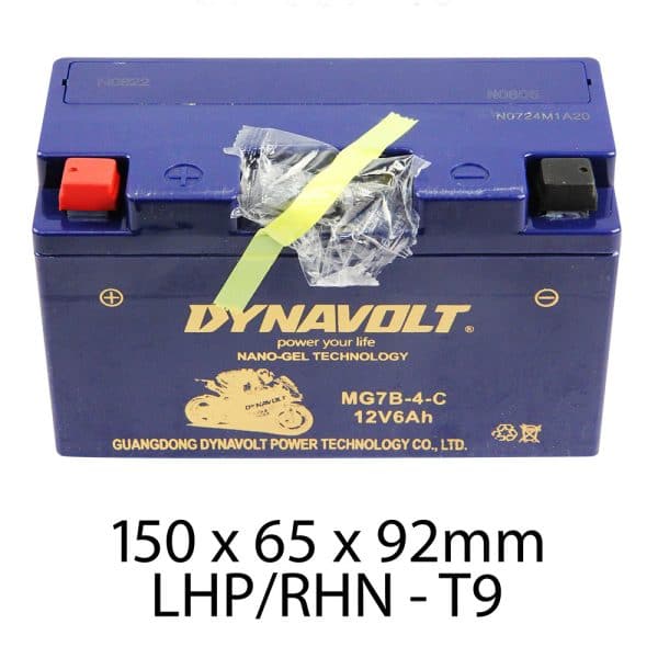 The stylish DYNAVOLT NANO GEL BATTERY MG7B-4-C, AGM FA, 12V 6AH in blue measures 150x65x92mm and features advanced nano-gel technology for peak performance with a unique top tape.
