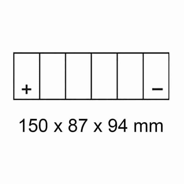 Diagram of a DYNAVOLT NANO GEL BATTERY MG10ZS-C, featuring six cells with a plus sign on the left and a minus sign on the right, dimensions 150 x 87 x 94 mm.