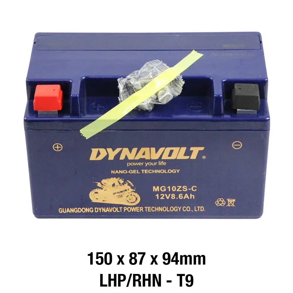 The Dynavolt Nano Gel Battery MG10ZS-C, with AGM FA technology, has red and black terminals, measures 150x87x94mm, and offers 12V 9Ah of power.