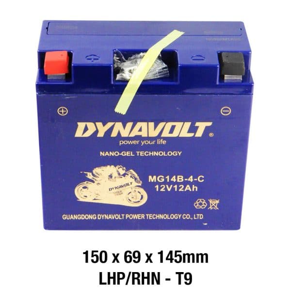 The DYNAVOLT NANO GEL BATTERY MG14B-4-C features red and black terminals and Nano-Gel Technology. With dimensions of 150 x 69 x 145 mm, this LHP/RHN - T9 12V battery offers advanced performance.