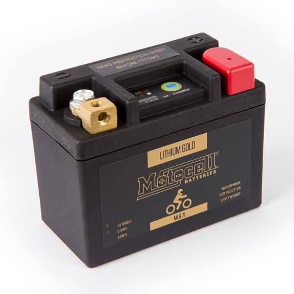 The MOTOCELL LITHIUM GOLD MLG7L, 24WH battery features sleek visible terminals and labels, expertly designed for motorcycles.