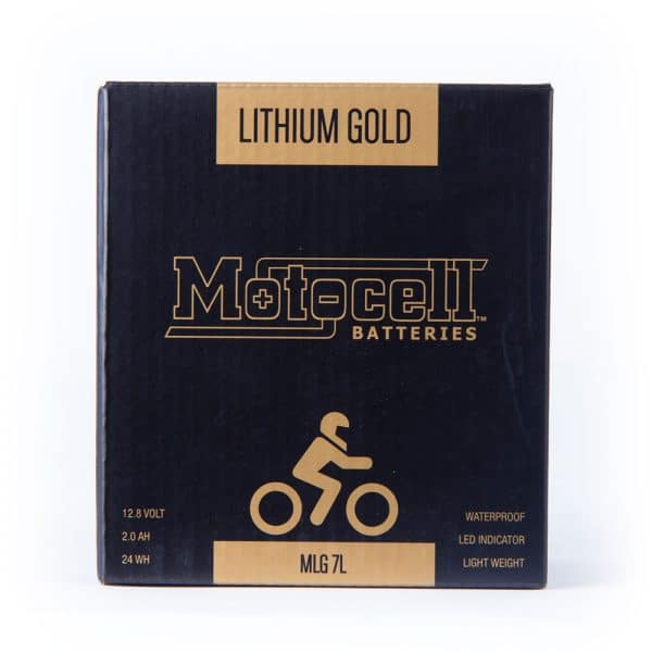 The MOTOCELL LITHIUM GOLD MLG7L, 24WH BATTERY comes in a sleek black box with gold text. Its features include waterproof design, LED indicator, and lightweight build—ideal for reliable performance at 12.8V and 2.0 Ah.