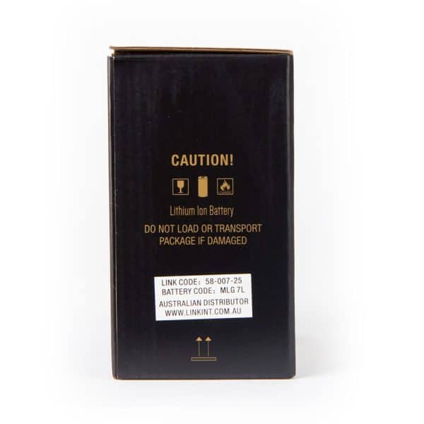 A box marked for MOTOCELL LITHIUM GOLD MLG7L, 24WH BATTERY with a caution label for lithium-ion batteries. It includes instructions not to load or transport if damaged, along with relevant codes and distributor details.