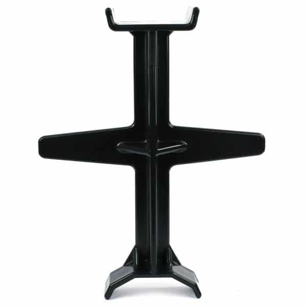 The FORK SUPPORT STABLE SENIOR, 290MM is a black plastic stand perfect for holding guitars or similar instruments efficiently.