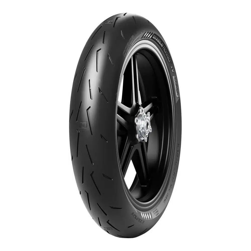 The PIRELLI DIABLO ROSSO IV CORSA FRONT is a black motorcycle tire with a Diablo Rosso IV Corsa tread pattern, featuring a five-spoke alloy rim for high-speed performance.