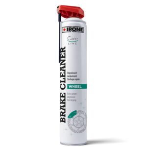 The IPONE BRAKE CLEANER 750ML features a red spray nozzle and green accents with a distinctive wheel icon, expertly labeled for degreasing wheels.